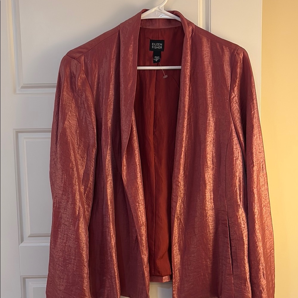Eileen Fisher 🌺Linen Open Metallic Sheen Pink Jacket (M) Silk lined 🌺